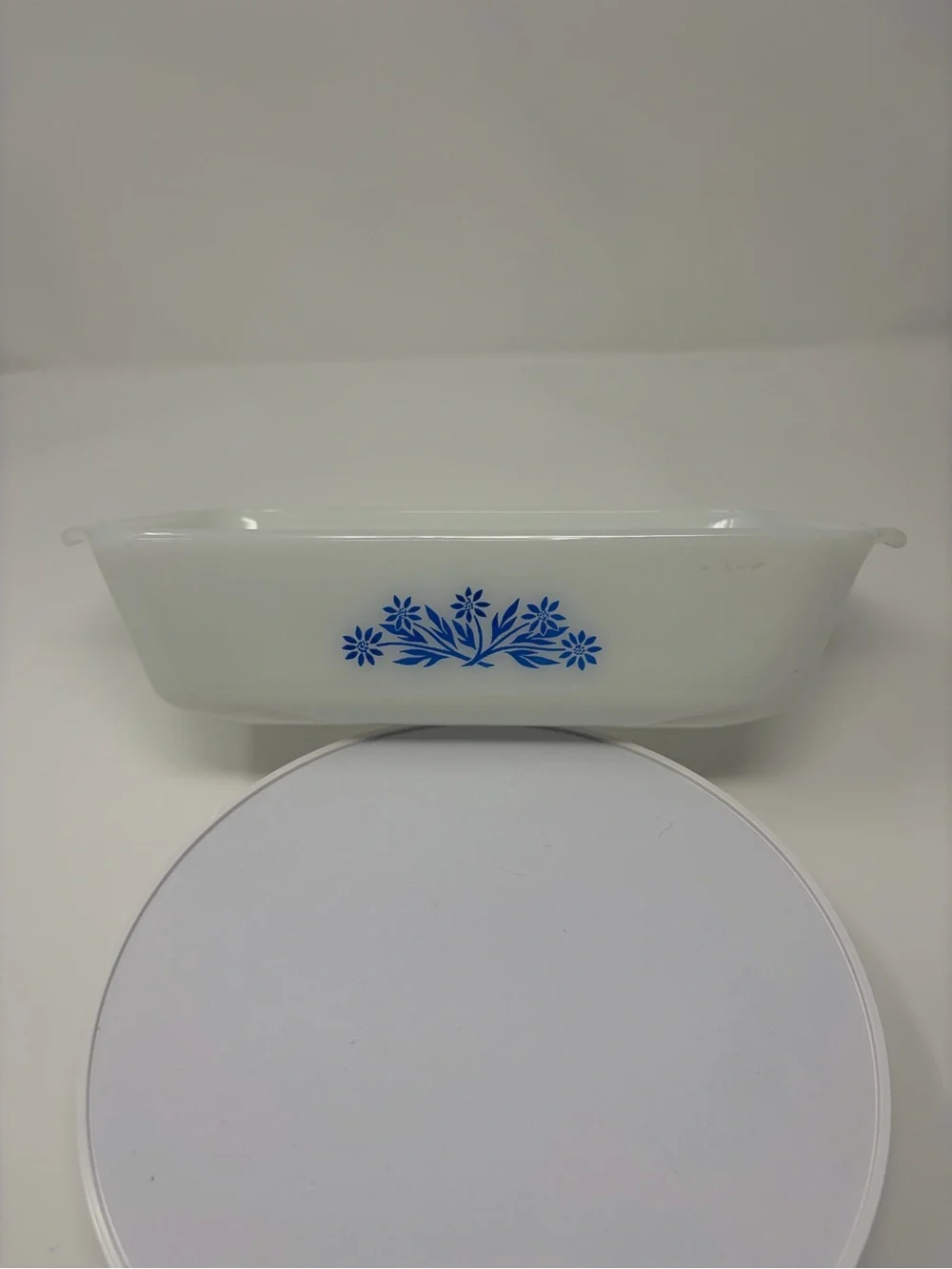 Vintage Anchor Hocking Milk Glass Casserole Dish with Blue Floral Pattern